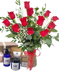 Dozen Red Roses with Glowing Goat Gift