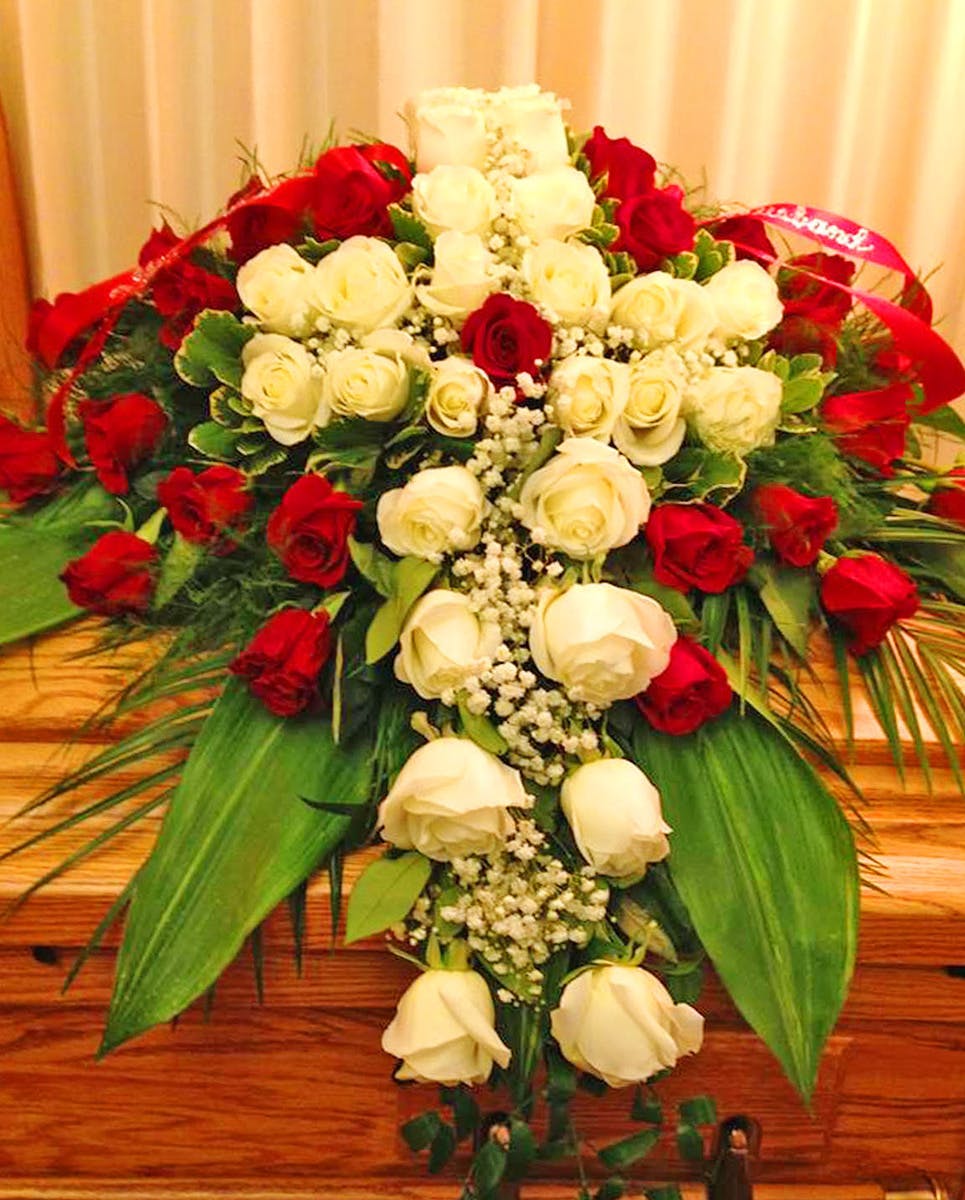 Elegant Cross Casket Spray Sympathy Flowers, Memphis TN Florist